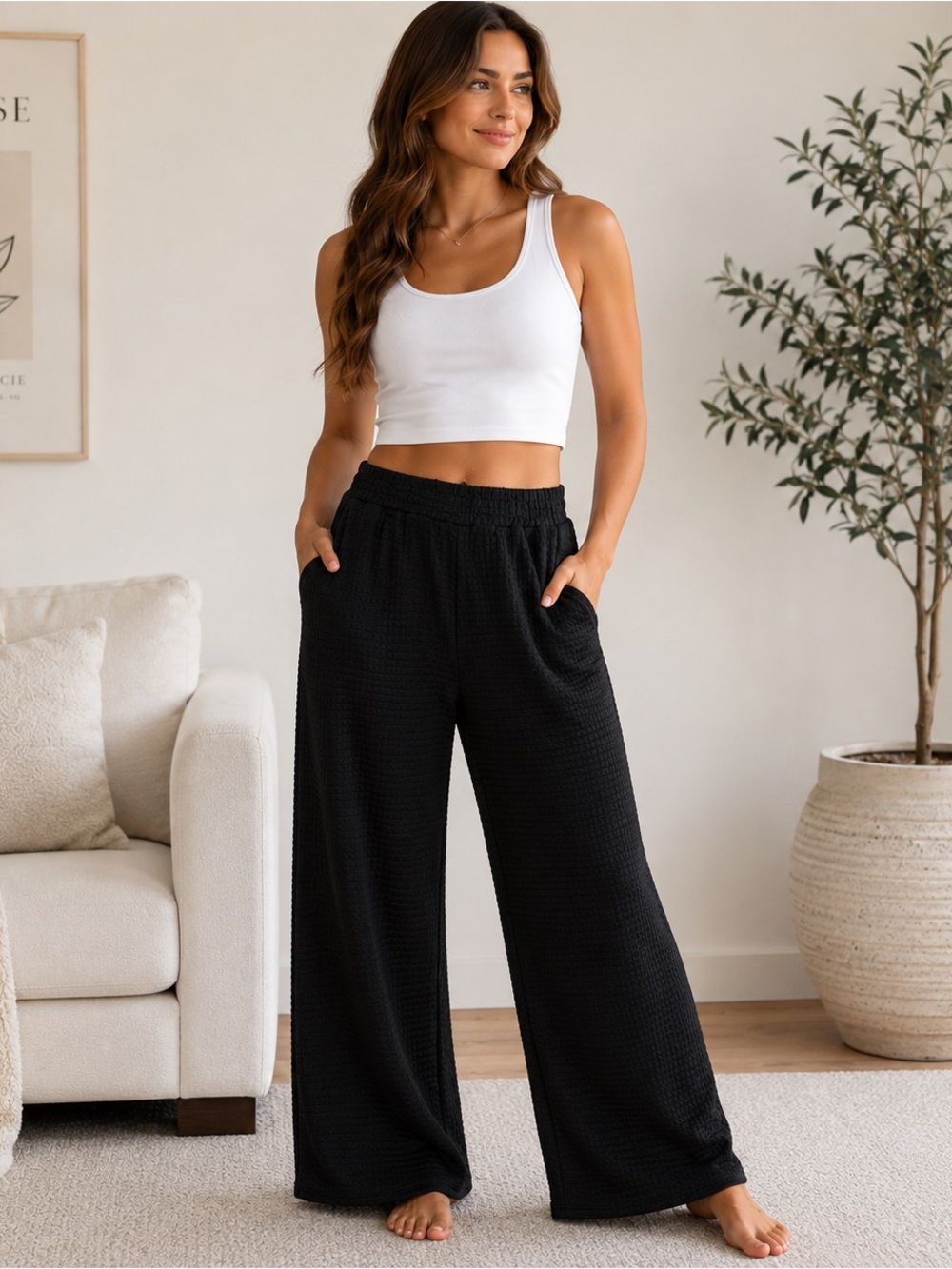 Modern Comfort Women’s XL Black Waffle Knit Wide Leg Lounge Pants NWOT
